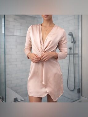 PrettyLittleThing Blush Satin Wrap Mini Dress Long Sleeve Size 2 (UK 6)